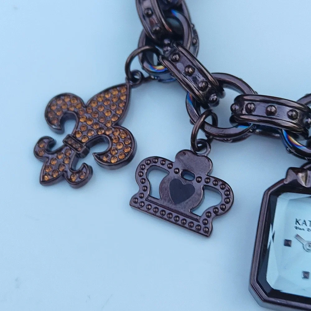 Kathy Van Zeeland Bronze Chunky Charm Bracelet Watch Fleur-de-Lis Crown Heart